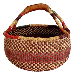 African Bolga Grass Market Basket With Leather Handles