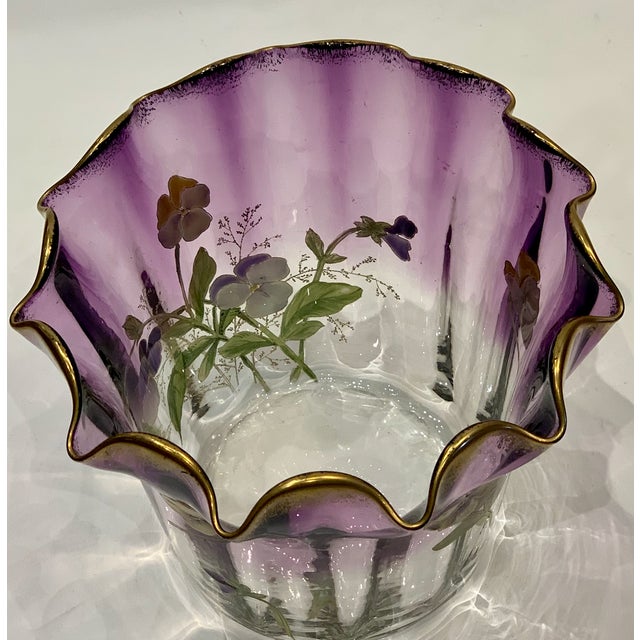 Rare hand blown, hand painted Mont Joye enameled art glass vase with gilt edge. Mont Joye, Paris France, Circa 1890....