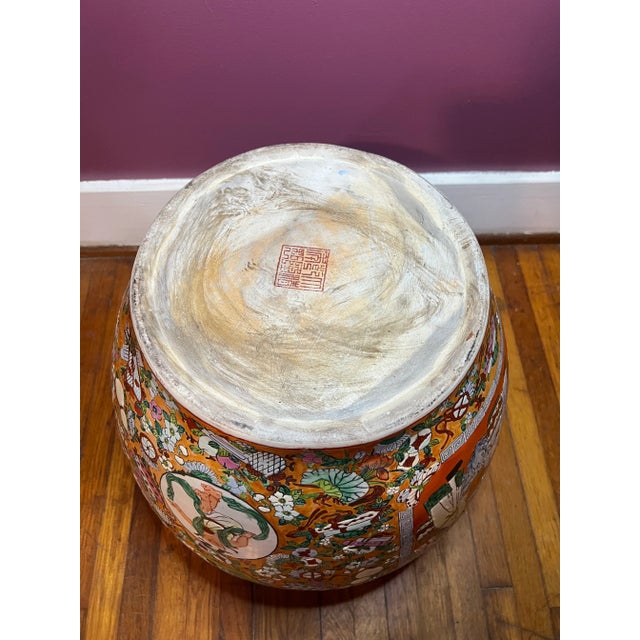 Large Porcelain Chinese Fishbowl Planter With Classic Oriental Decorations and Wood Stand For Sale - Image 4 of 8