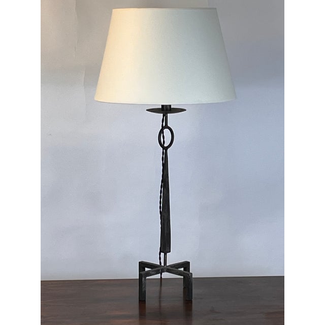 Rustic European Mid 20th Century Tall Patinated Wrought Iron Table Lamp With Custom Parchment Shade For Sale - Image 3 of 9
