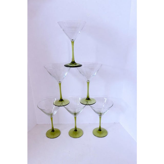 Glass Vintage Mid-Century Modern Chartreuse Stem Green Martini Coupe Glasses - Set of 6 For Sale - Image 7 of 9