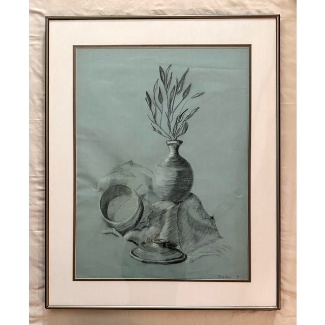 Metal 1979 Original Signed Modernist Charcoal Still Life on Blue Paper by Siegel For Sale - Image 7 of 7
