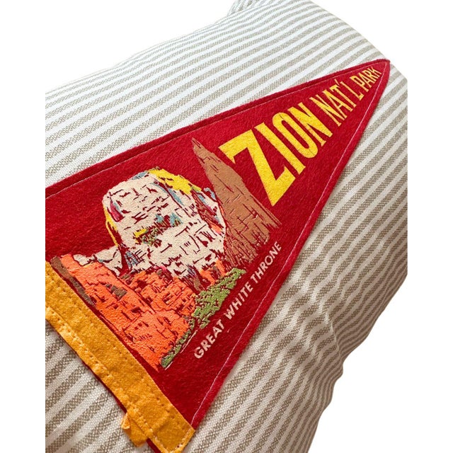 Description: Vintage Utah Zion National Park Felt Pennant from around the 1960s, unknown date. New striped tan and white...