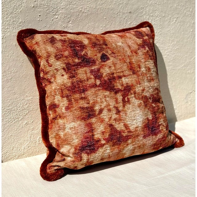 Bespoke Sofa Pillows: Pair New Pillows: Sumptuous Variegated Orange Boucle Velvet With Triple Ply Silk Moss Fringe. 50/50 Down Fill All New For Sale In Los Angeles - Image 6 of 12