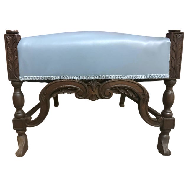 Mexican Antique Carved Walnut Hacienda Chair Reupholstered With Artisanal Oaxaca Zapoptec Tapestry and Leather For Sale - Image 3 of 7