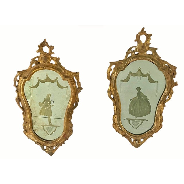 Pair of 18th Century Venetian Giltwood Rococo Etched Glass Mirrors For Sale - Image 10 of 13