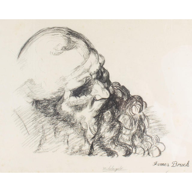 A signed charcoal portrait drawing, titled "Michelangelo," by James L. Bruch (1942-2023). This drawing depicts the iconic...