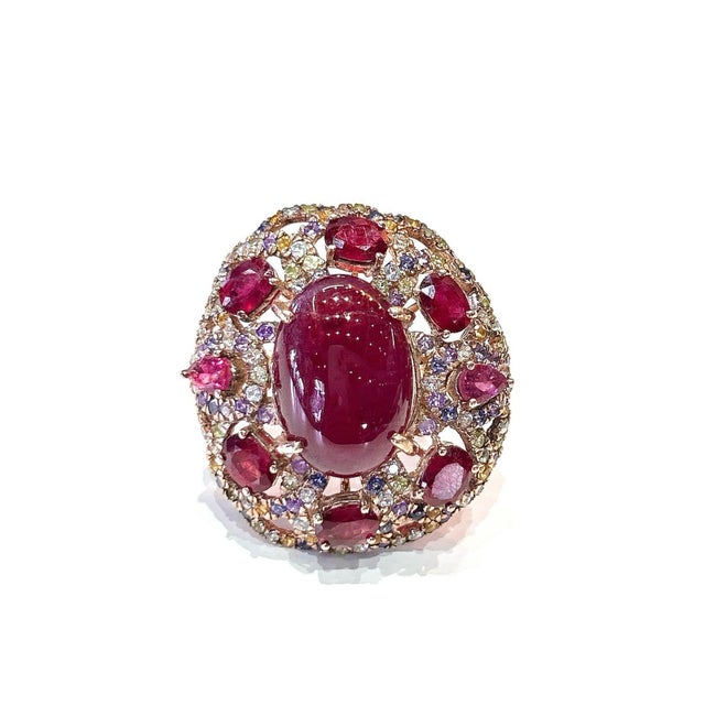 Bochic “Capri” Vintage Ruby, Amethyst & Multi Sapphire Ring - 18K Gold & Silver For Sale - Image 9 of 18