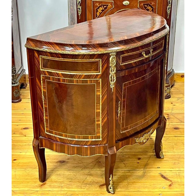 French Ornate French Demilune Cabinet – Rich Hardwood Finish With Gold Leaf Ornamentation For Sale - Image 3 of 3