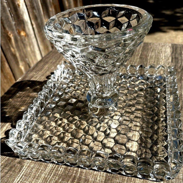 Gray 1920s Art Deco Fostoria Retired 1915-82 American Clear Cube Square Cake Stand Rum Well For Sale - Image 8 of 8