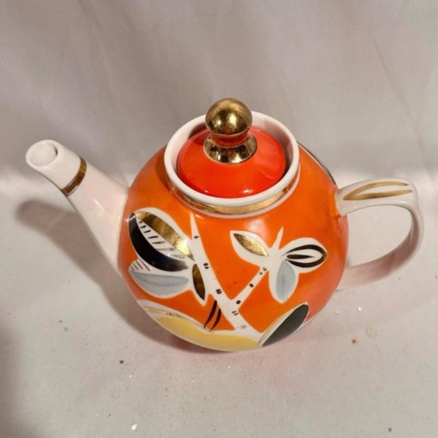 Vintage Orange Porcelain Tea Pot For Sale - Image 4 of 4