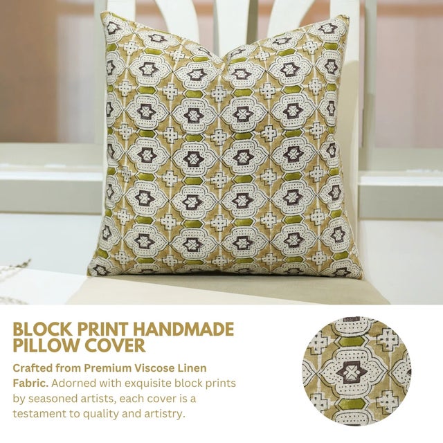 Art Deco Fabdivine Handmade Block Printed Cushion Cover 20x20 Inch Viscose Linen- Jharoka For Sale - Image 3 of 5