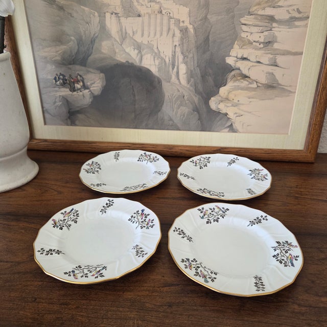 A charming set of four vintage Spode Copeland China plates crafted in England and decorated with colorful birds perched...