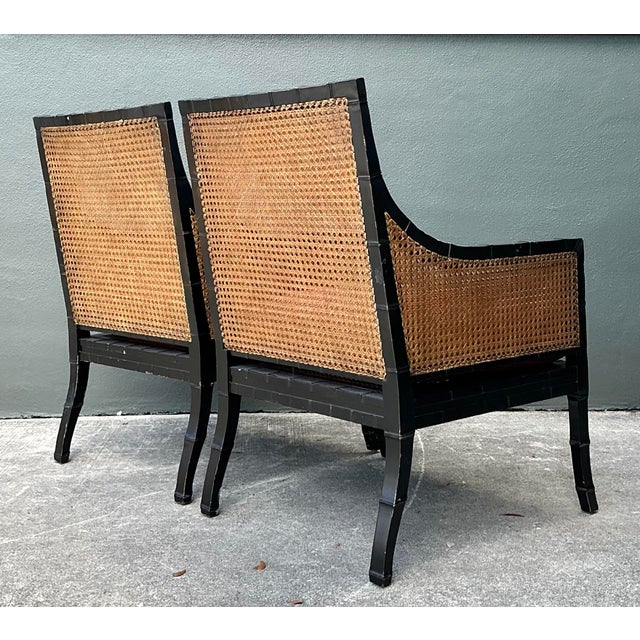 Wood Vintage Carved Bamboo Cane Lounge Chairs - A Pair For Sale - Image 7 of 12