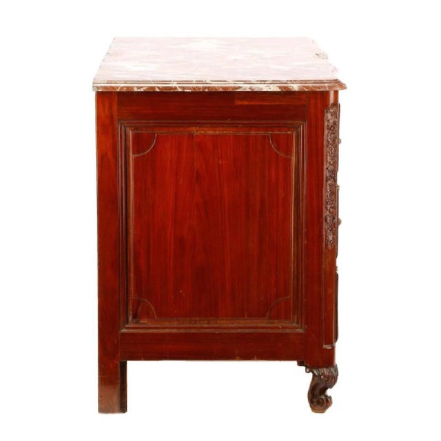 Regence chinoiserie marble-top commode, fitted with three chinoiserie ormolu-mounted long drawers. Some old repairs are...