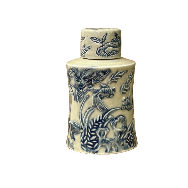 1980s Cream Celadon Porcelain Blue Flower Gold Fishes Cylindrical Container For Sale - Image 5 of 10