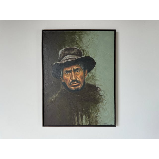 Vintage Galan Oil Potrait Painting of a Man With Hat, Framed For Sale - Image 11 of 12