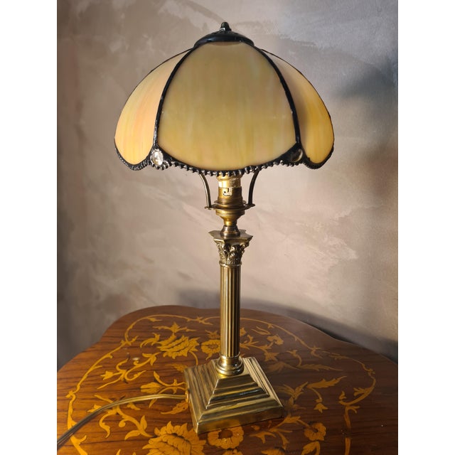 Brass Lamp with Corinthian Column and Pâte de Verre Lampshade, 1890s For Sale - Image 3 of 9