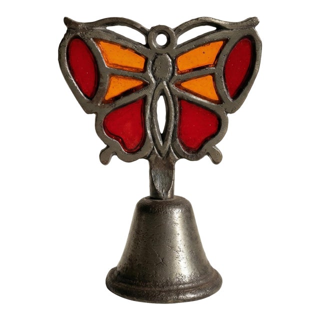Stained Glass and Brass Butterfly Bell For Sale