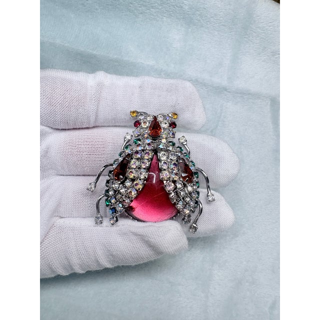 Vendome Vendôme Rhinestone Ladybug Beetle Brooch Red Lucite Figural Insect Pin Signed For Sale - Image 4 of 6