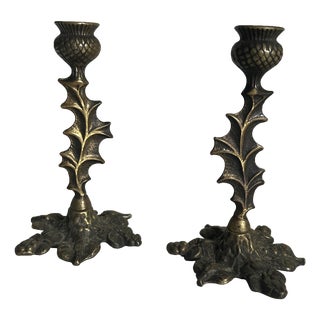 Antique Brass Thistle Candleholders, 1905, Set of 2 For Sale