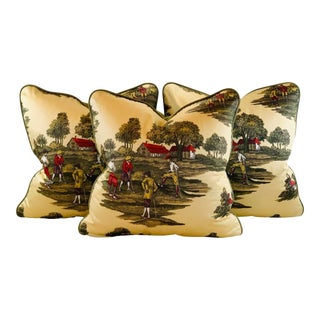 Designer Ronald Redding York Textiles Brown Green Purple Red Yellow Country Club Golfing Toile Pillow Covers- 3 Pc Set For Sale