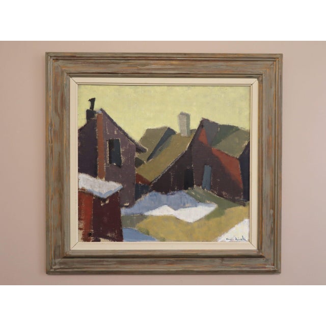 HOUSES IN THE SNOW Size: 27.2 x 29.1 inches (including frame) Oil on canvas A characterful mid-century modernist style...