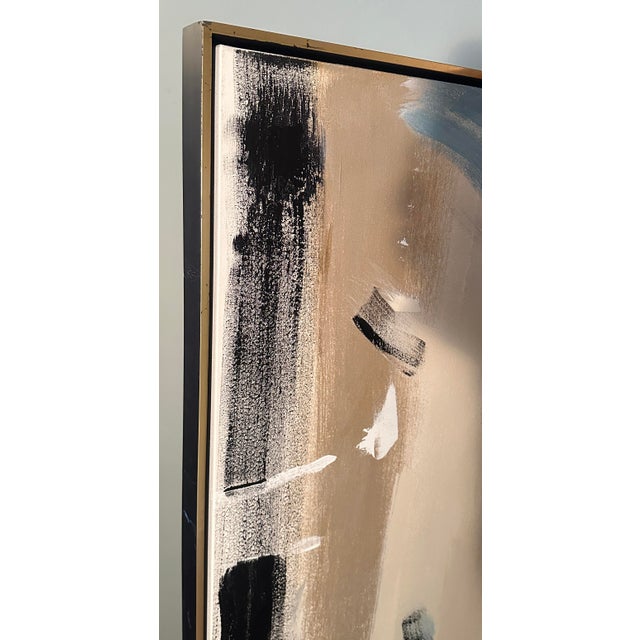 Textile Extra Large Blue and Tan Abstract Painting in Gold Float Frame For Sale - Image 7 of 8