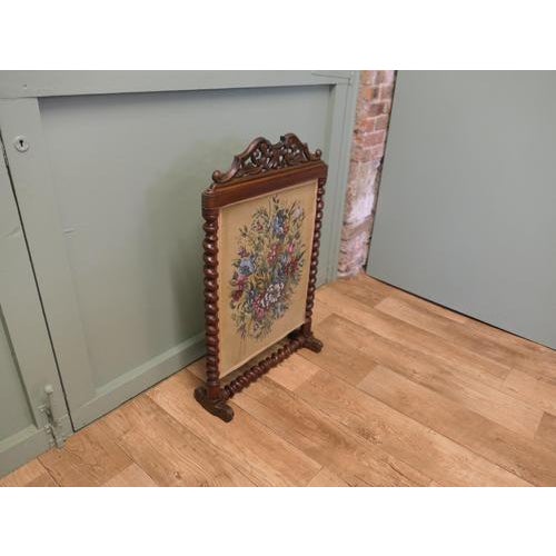 Large Victorian Carved Mahogany and Painted Fire Screen For Sale - Image 3 of 7