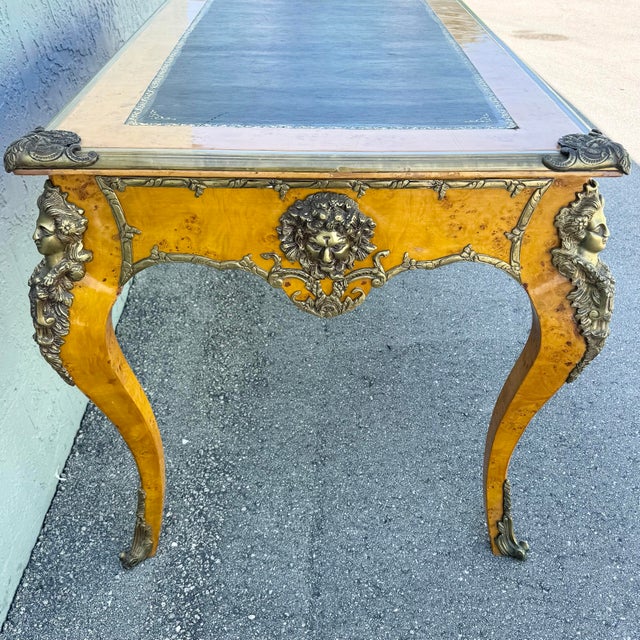 Wood Vintage Louis the Xv Style Leather Top Burlwood and Brass Writing Desk For Sale - Image 7 of 12