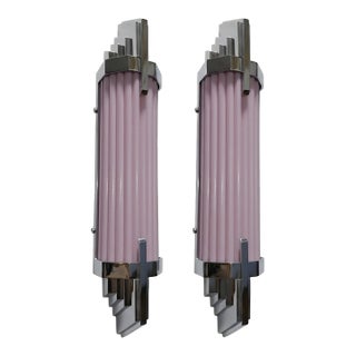 Vintage Art Deco Light Old Lamp Wall Sconces Fixture Nickel Brass & Opaline Pink Glass Rod Ship Light - Pair For Sale