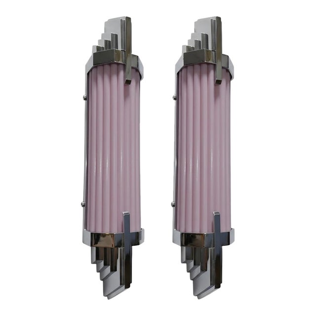 Vintage Art Deco Light Old Lamp Wall Sconces Fixture Nickel Brass & Opaline Pink Glass Rod Ship Light - Pair For Sale