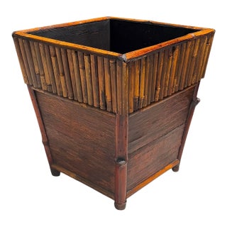 Vintage Bamboo & Wood Square Cachepot / Planter Stand – British Colonial Palm Beach Style For Sale