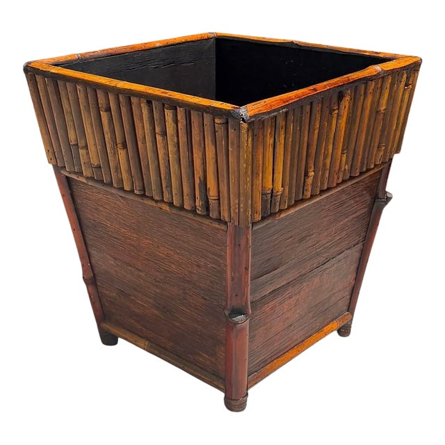 Vintage Bamboo & Wood Square Cachepot / Planter Stand – British Colonial Palm Beach Style For Sale