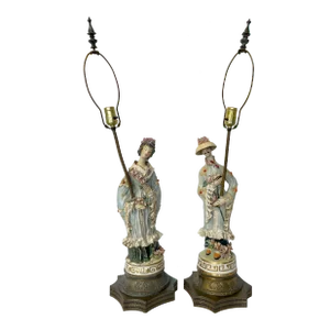 Vintage Large Asian Aristocracy Figures Porcelain Lamps -A Pair