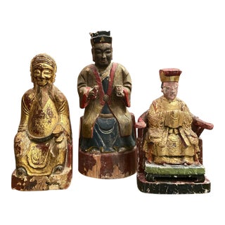 19th Century Chinese Polychrome and Gilt Ancestor Figures- A Set of 3 For Sale