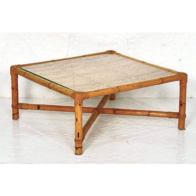 Tan Italian Bamboo and Rattan Low or Coffee Table With Square Glass Top For Sale - Image 8 of 12