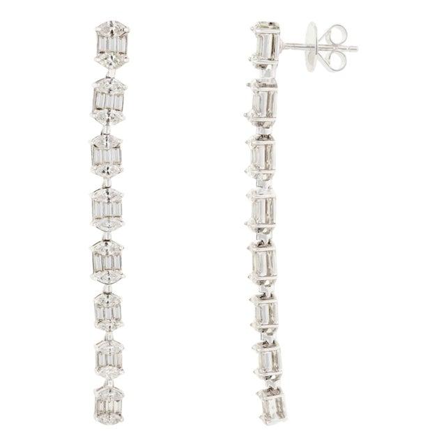 Certified 2.84ct Baguette & Marquise Diamond Linear Drop Earrings in 14k Gold- A Pair For Sale