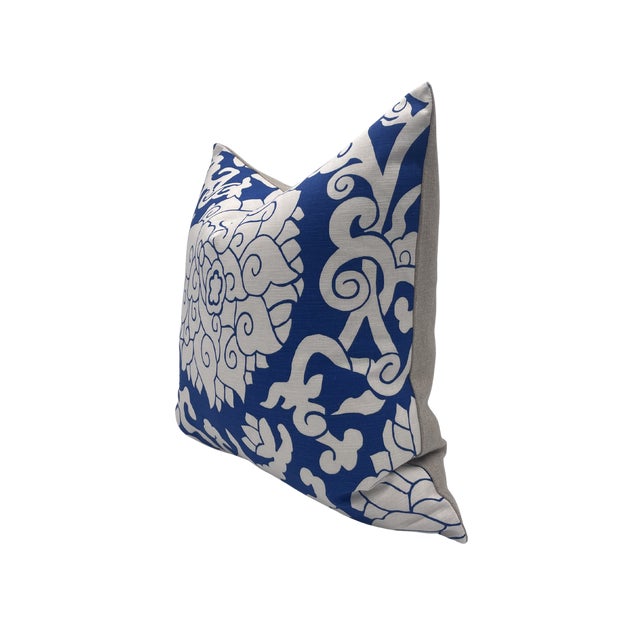 Pair of handcrafted pillows fashioned with Ladco in Indigo Floral fabric on the front and backed in a flax colored linen....