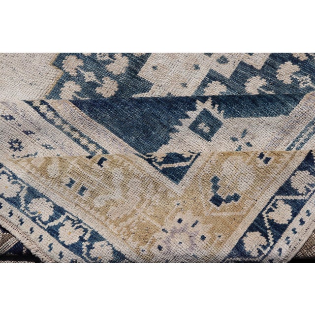 Elegant Vintage Turkish Oushak Rug With Intricate Blue & Beige Design 6'4" X 13' For Sale - Image 11 of 12