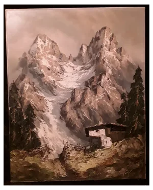 Italian Artist, Mountain Hut with Pala Group Panorama, 1970s, Large Oil on Canvas, Framed