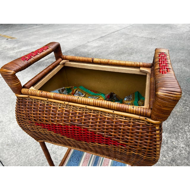 Vintage Large Woven Wicker Double Compartment Standing Sewing Basket For Sale - Image 11 of 12