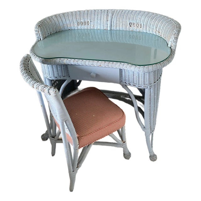 Antique Wicker Writing Desk and Matching Chair and Glass Custom Top For Sale