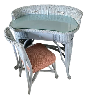 Antique Wicker Writing Desk and Matching Chair and Glass Custom Top