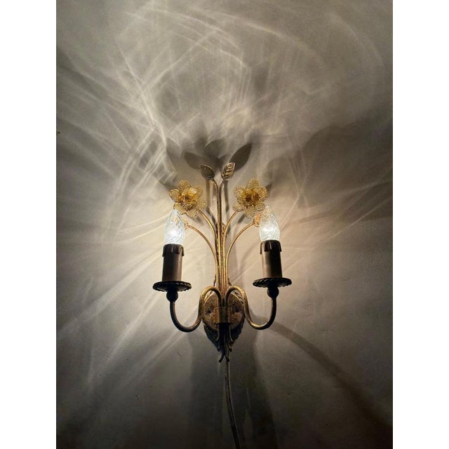 Golden Wall Lamps with Daffodil Flowers Made of Murano Glass, 1960s, Set of 2 For Sale - Image 10 of 12