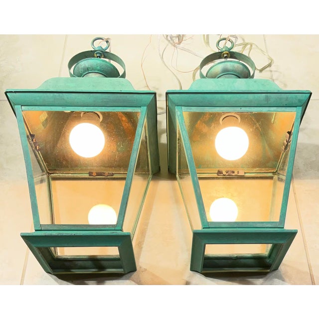 Pair of Solid Brass Vintage Ceiling Lantern 19” X 9”.5 X 9”.5 For Sale - Image 4 of 14