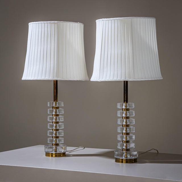 Mid-Century Modern Mid-20th Century Glass and Brass Table Lamps by Carl Fagerlund for Orrefors - Pair For Sale - Image 3 of 13