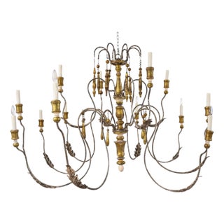 Monumental Swedish Gustavian 12-Light Iron & Parcel GiltWood Chandelier, Rewired For Sale