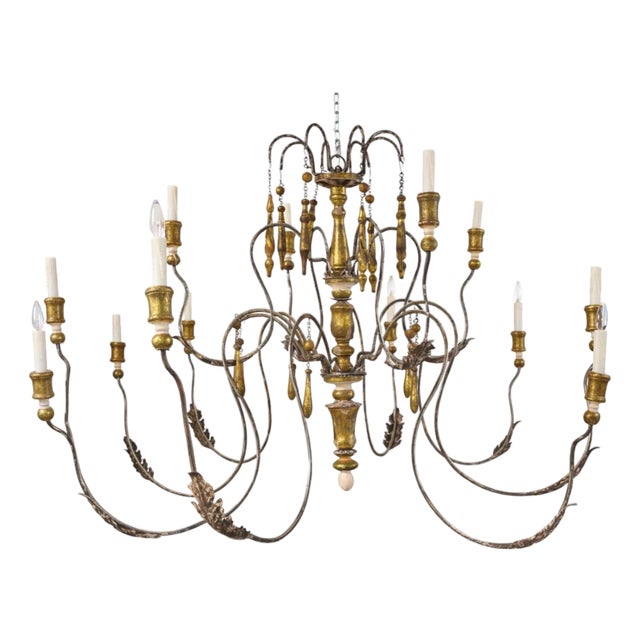 Monumental Swedish Gustavian 12-Light Iron & Parcel GiltWood Chandelier, Rewired For Sale