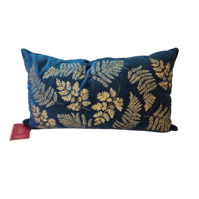 Lillian August Midnight Sapphire Velvet Lumbar Pillow With Gold Embroidery For Sale In Baton Rouge - Image 6 of 11